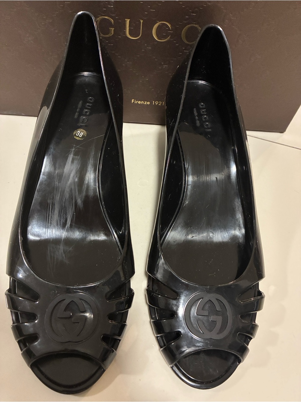 Gucci Marola Black Jelly GG Peep Toe Wedge Sandals Size 38 US 8 Like New Box - Picture 11 of 17